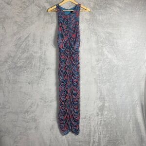 House of Harlow 1960 Blue Floral Paisley Ruched Mesh Midi Dress Womens Small